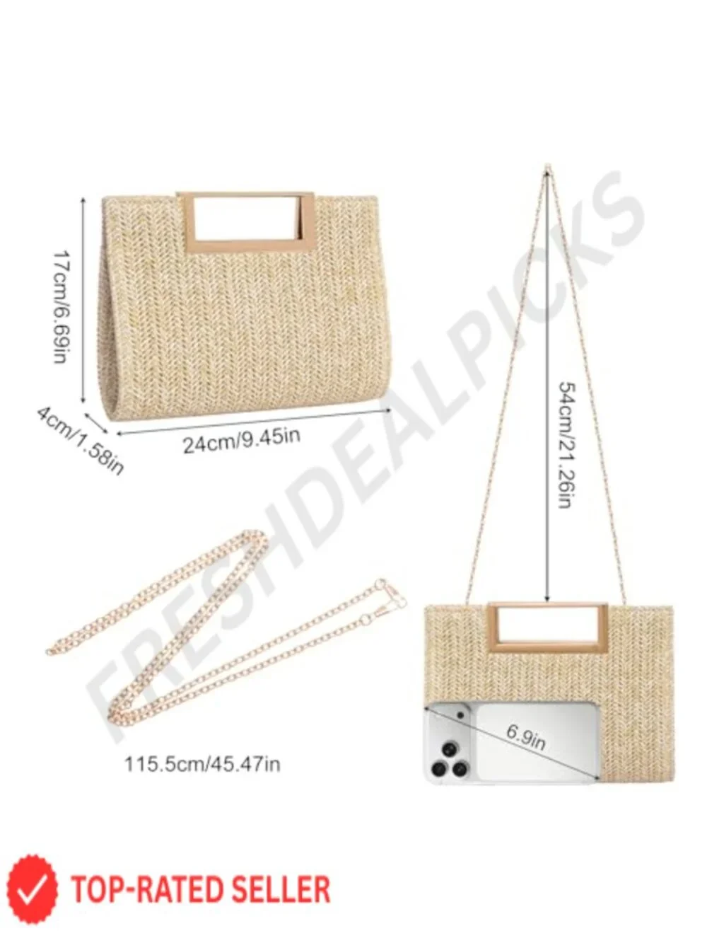 Woven Straw Evening Bag Clutch with Gold Metal Handle Chain